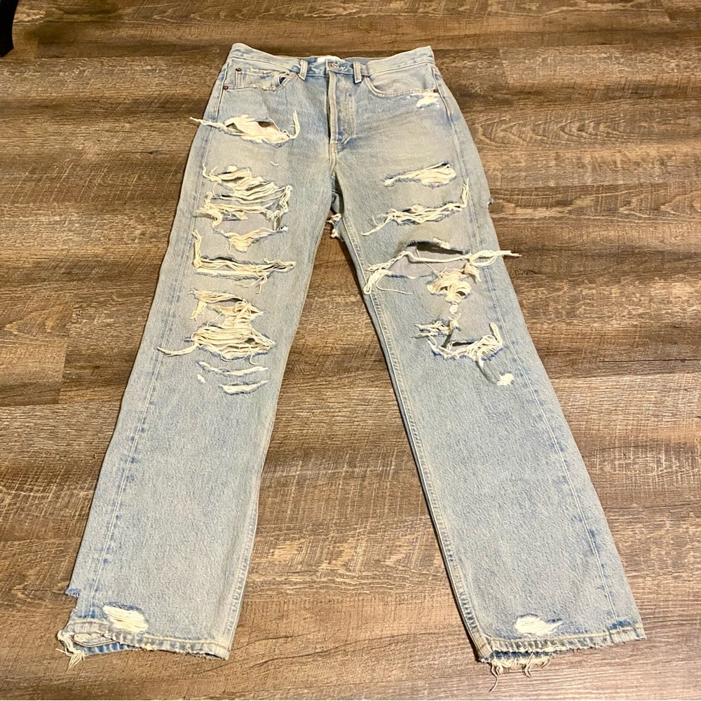 Agolde 90s Mid Rise Loose Fit in Unhinged Heavy Distressed Jeans Womens 29